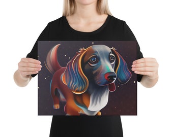 May include: A colorful illustration of a dog with brown, white, and black fur. The dog has a long snout and floppy ears. The background is a dark blue with white stars.