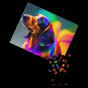 May include: A colourful jigsaw puzzle featuring a dog with a rainbow-like pattern. The puzzle pieces are scattered around the image.