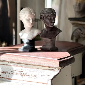 May include: Two small, antique-style busts of classical figures. One is light-colored, the other is dark. They sit on a distressed, red-toned table with white trim. The busts are detailed and appear to be made of stone or a similar material.