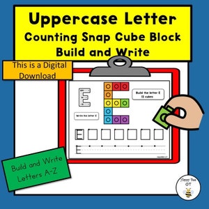 May include: A printable worksheet for building the uppercase letter E with snap cubes. The worksheet shows a picture of the letter E made with 12 colorful snap cubes. There are also lines for tracing the letter E and a space to write the letter E.
