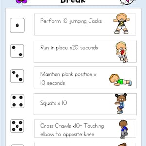 May include: A printable game board with a colourful flower and a bunny rabbit at the top. The board has six rows with a die and a corresponding exercise on each row. The exercises include jumping jacks, running on the spot, plank position, squats, cross crawls, and lunges.
