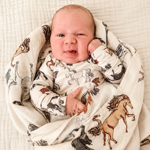 Hudson Horse Western Muslin Swaddle Blanket | Baby Boy Swaddle | Newborn Boy Baby Shower Gift | Cowboy Western Nursery Bedding