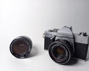 Praktica LTL3 +Lens Pallas 28mm F2.8 M42 +Lens PENTACON 1.8/50 +Wideangle hood 58 +jeans strap +Leather vintage BOX with lock and key