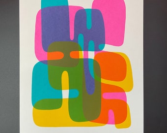 A3, bold and bright, abstract, minimalist, retro, 3 layer, handmade, screen print, on 300gsm cartridge paper, SECONDS, SALE