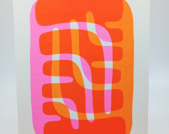 A4 bold and bright abstract minimalist retro 2 layer hand pulled screen print on 300gsm cartridge paper