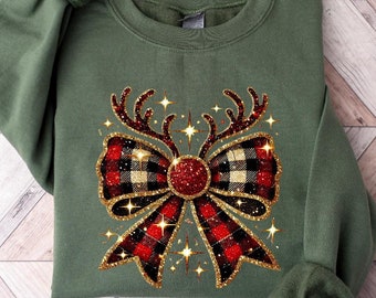 Sudadera navideña con lazo, sudadera navideña, camiseta navideña para niña, sudadera con lazo de reno, suéter navideño con lazo, regalo navideño