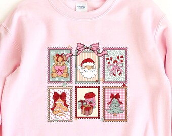 Christmas Postage Stamp Sweatshirt, Coquette Santa Claus Tee