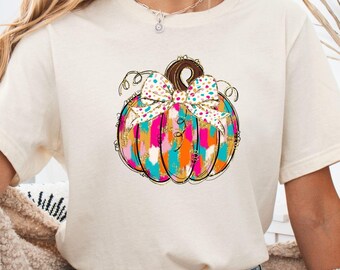Fall Pumpkin Shirt, Thanksgiving Shirt, Fall Coquette Sweatshirt, Girly Fall Tee, Colorful Pumpkin Shirt, Fall Bow Shirt, Pumpkin Season Tee