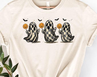Halloween Ghost Shirt, Checkered Ghost Sweater, Trendy Fall Shirt, Cute Candy Ghost Sweat, Spooky Season T-shirt, Halloween Shirt For Women