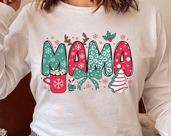 Camiseta navideña para mamá, sudadera con árbol de Navidad, suéter de Feliz Navidad, camiseta Coquette Mama, regalo de Navidad para mamá, suéter navideño para mamá
