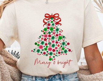 Floral Christmas Tree Sweatshirt, Merry and Bright Holiday Tee