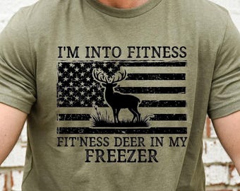 Camiseta para papá que caza ciervos, "Me gusta el fitness", "Ciervo en mi congelador", "Regalo para cazador", "Camiseta de caza", "Camisetas divertidas para maridos"