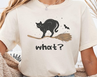 Vintage Halloween Cat Shirt, Witch Black Cat On Broom Tee