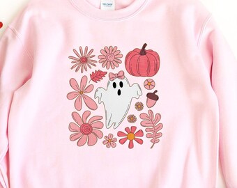 Coquette Ghost Sweatshirt, Girly Halloween Shirt, Pink Ghost Pumpkin Sweat, Cute Ghost Shirt, Floral Boo Halloween Sweatshirt, Pink Bow Tee