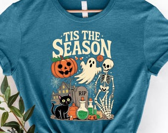 Tis The Season Halloween Shirt, Spooky Season Sweat, Halloween Skeleton Shirt, Witchy Vibes Tee, Vintage Haunted House Tee, Halloween Gift