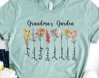 Camiseta de abuela con flores y nombres de nacimiento personalizados, camiseta con flores de nacimiento personalizadas, camiseta de cumpleaños personalizada, camiseta del Día de la Madre, camiseta "Mama' Garden"