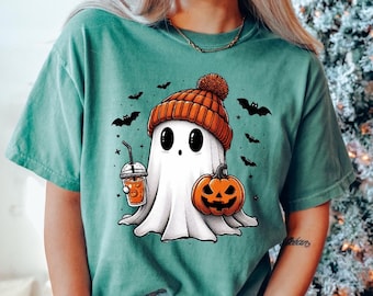 Halloween Ghost Comfort Colors Shirt - Cute Fall Crewneck with Pumpkin and Bats - Spooky Season Shirt - Tis the Season Apparel