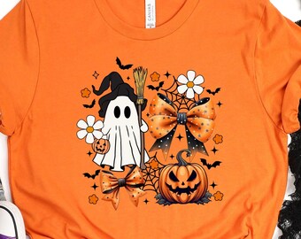 Witch Pumpkin Ghost Shirt, Halloween Pumpkin Sweatshirt, Fall Witch T-shirt, Coquette Ghost Sweat, Spooky Season Shirt, Floral Ghost T-shirt