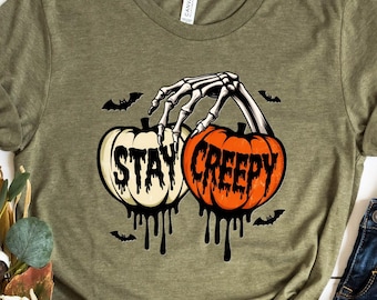 Stay Creepy Halloween Sweatshirt, Halloween Skeleton Hand Shirt, Retro Halloween T-shirt, Pumpkin Halloween Gift, Spooky Season Sweatshirt
