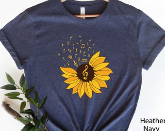 Camiseta de girasol con nota musical para amantes de la música, camiseta de girasol, fiesta de girasoles, camiseta para amantes de los girasoles, regalo musical, camiseta musical, regalo para otoño