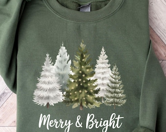 Merry & Bright Christmas Tree Sweatshirt, Holiday Crewneck