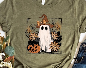 Halloween Ghost And Cat Shirt, Floral Ghost Sweatshirt, Halloween Witch Shirt, Pumpkin Ghost Shirt, Women Halloween Shirt, Spooky Season Tee