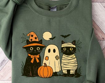 Halloween Black Cat Shirt, Ghost Sweatshirt, Spooky Season Tee, Halloween Cute Women Outfit, Halloween Cat Lover Gift, Funny Ghost Cat Sweat