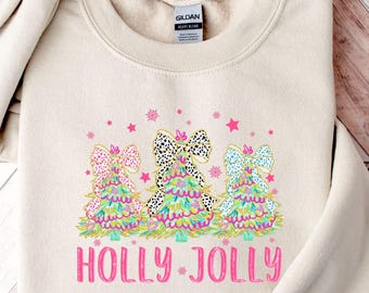Holly Jolly Christmas Tree Sweatshirt, Pink Glitter Trees