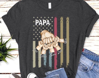 Camiseta personalizada para papá, camiseta personalizada con nombre para abuelo, camiseta con nombres de nietos para saludo con el puño, camiseta del Día del Padre para abuelo, camiseta personalizada Poppy Pop Pop