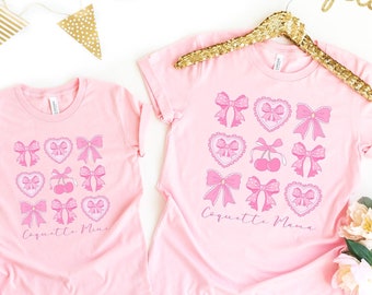 Camisetas a juego de Coquette Mama y Mini, camiseta para el Día de la Madre, camiseta con lazos rosas, regalo para mamá, regalo para mamá primeriza, regalo para baby shower, camiseta Coquette Mini