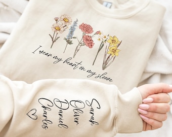 I Wear My Heart On My Sleeve Sweatshirt, Personalized Mom Sweatshirt, Birth Month Flower Gift for Grandma, Gift for Mom, Mothers Day Shirt