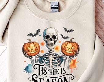 Tis The Season Shirt, Halloween Sweatshirt, Halloween Skeleton T-shirt, Spooky Season Sweatshirt, Pumpkin And Bat sweat, Halloween Gift Tee