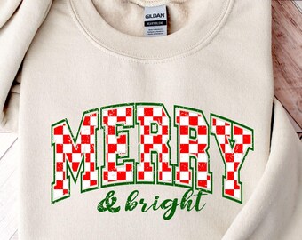 Checkered Merry and Bright Christmas Sweatshirt, Trendy Xmas Tee