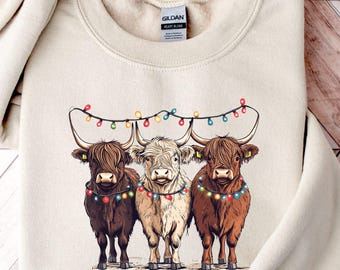 Highland Cow Christmas Lights Sweatshirt, Holiday Farm Shirt