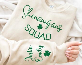 Shenanigans Squad with Kids Names on Sleeve, St Patrick's Day Sweater, Women's St Patrick's Day, Funny St Patty's Tee, Irish Drinking Outfit