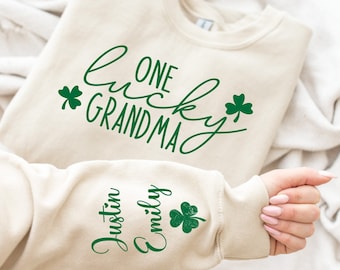 One Lucky Grandma Sweatshirt with Children Name on Sleeve, Custom St Patrick's Day Sweatshirt, Lucky Grandma Long Sleeve,St Patricks Day Tee