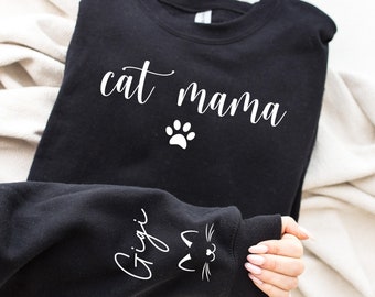 Custom Cat Mama Sweatshirt with Pet Name on Sleeve, Cat Mom Sweater, Personalized Cat Paw, Mothers Day Gift, Gift for Cat Lover, Fur Mom Tee