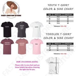 May include: Youth and toddler t-shirt size chart with color options. The chart shows the width and length in inches for each size. Colors include black, heather dark grey, white, heather maroon, heather mauve, and pink.