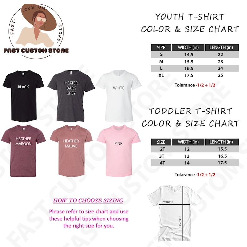 May include: Youth and toddler t-shirt size chart with color options. The chart shows the width and length in inches for each size. Colors include black, heather dark grey, white, heather maroon, heather mauve, and pink.
