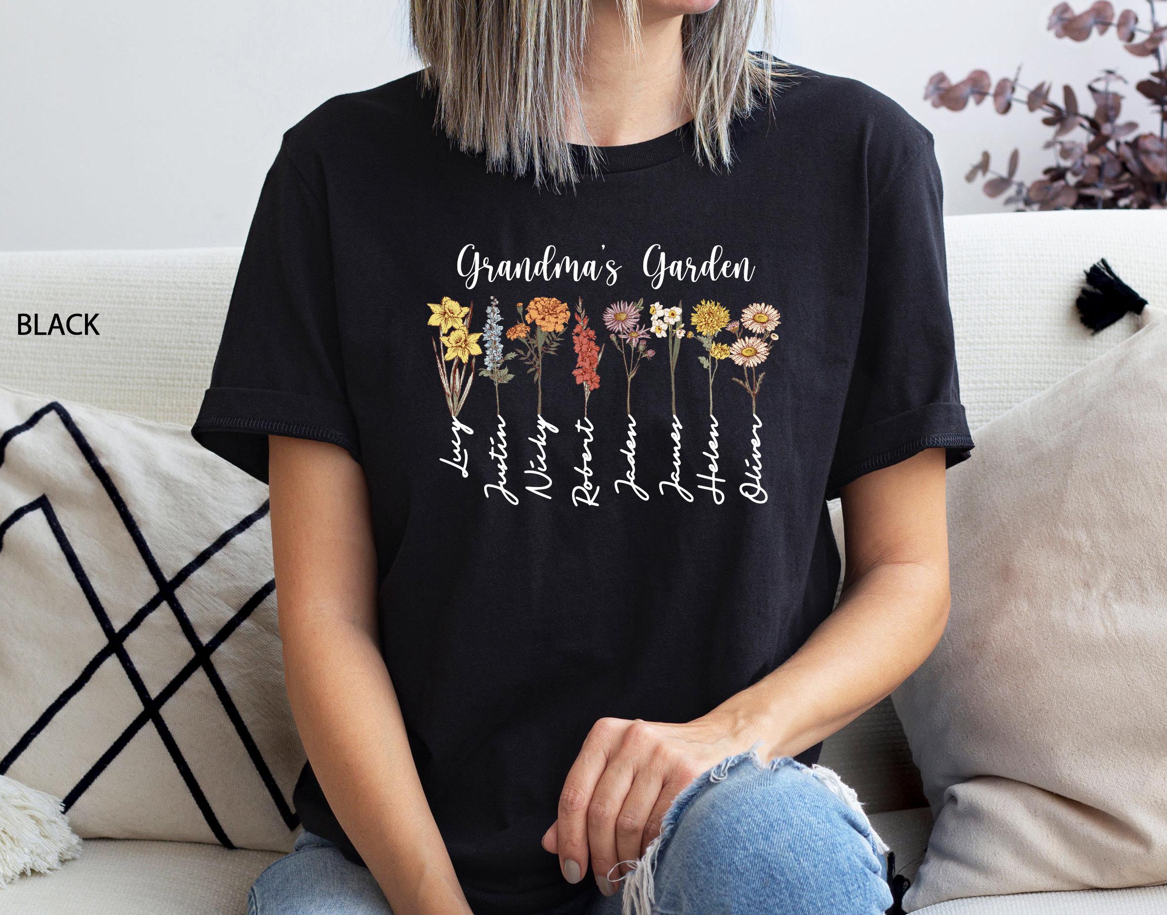 Personalized Grandma's Garden Birth Flower Shirt: Custom T-shirt With Kids Names For Mom - UK