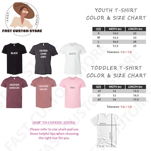May include: Youth and toddler t-shirt size chart with color options. The chart shows the width and length in inches for each size. Colors include black, heather dark grey, white, heather maroon, heather mauve, and pink.