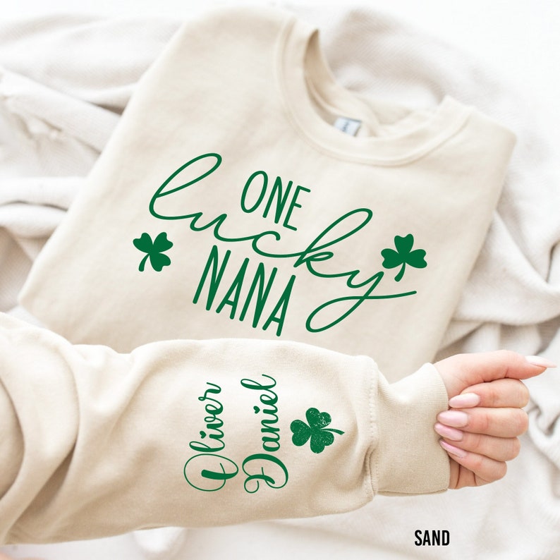 One Lucky Nana Sweatshirt with Children Name on Sleeve, Custom St Patrick's Day Sweater, Lucky Grandma Pullover, St Patrick's Day Shirts