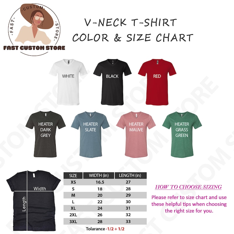 May include: V-neck t-shirt size chart with measurements in inches. The chart shows different colors of t-shirts, including white, black, red, dark grey, slate, mauve, and grass green. The chart also includes a diagram of a t-shirt with measurements for width and length.