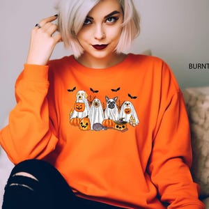 May include: Burnt orange sweatshirt with a graphic of dogs dressed as ghosts for Halloween. The dogs are holding pumpkins and wearing ghost costumes. The text "BURNT ORANGE" is in the top right corner of the image.