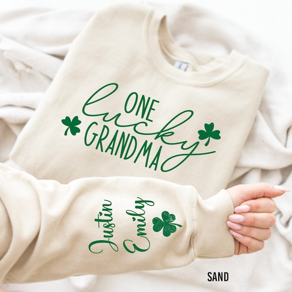 One Lucky Grandma Sweatshirt with Children Name on Sleeve, Custom St Patrick's Day Sweatshirt, Lucky Grandma Long Sleeve,St Patricks Day Tee