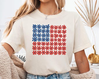 Camiseta con la bandera estadounidense y estampado floral, camiseta bohemia para el 4 de julio, camiseta patriótica con bandera y flores, top para mujer para el Día de la Independencia, estampado botánico de verano de EE. UU.