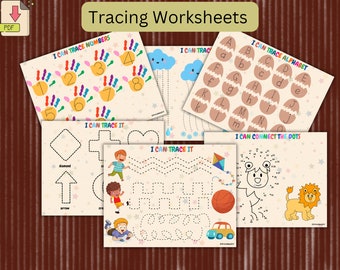May include: A set of printable tracing worksheets for kids. The worksheets feature tracing numbers, letters, shapes, and connect-the-dots activities. The worksheets are designed to help children develop their fine motor skills and hand-eye coordination.
