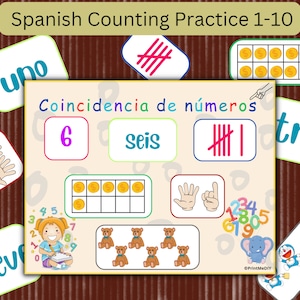 Montessori Spanish Counting Activity for Toddler Number Match Practice 1 to 10 Learning Resource Preschool Kindergarten Worksheet Homeshcool