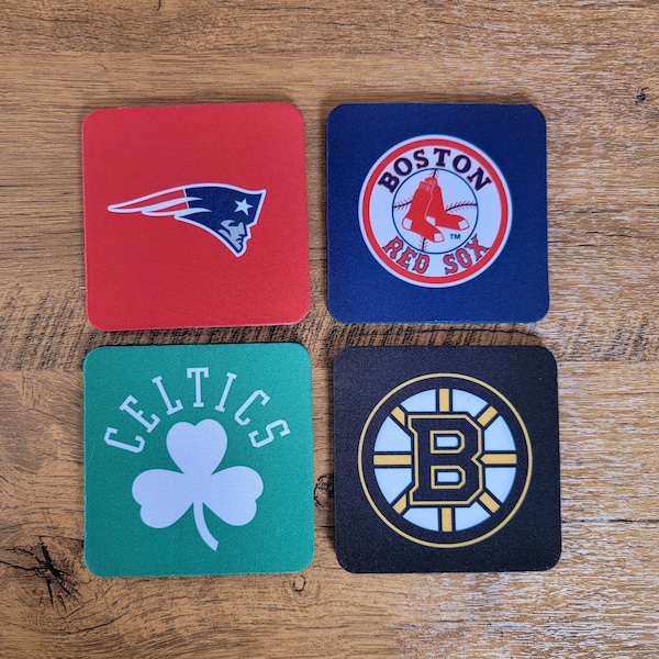 New England Sports Coaster Set - New England Patriots, Boston Red Sox, Celtics and Bruins. Perfect Man Cave Gift!