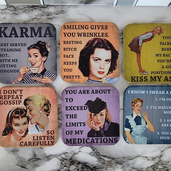 Set One of Sarcastic Sayings Coaster Set - Includes Six Funny Coasters - Makes a Great Gift